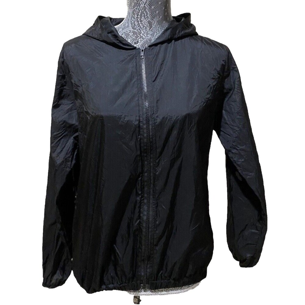 Brandy Melville Black Nylon Windbreaker Jacket OSFA Full Zip Hooded Lightweight